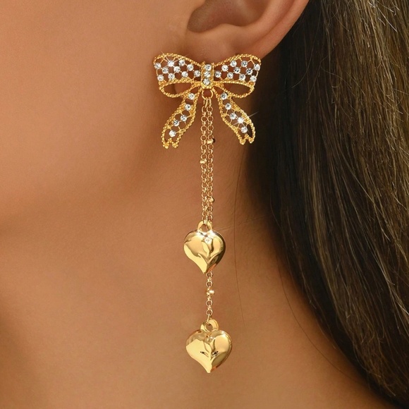 Gold Tone Rhinestone Bow Heart Drop Earrings - Picture 2 of 5